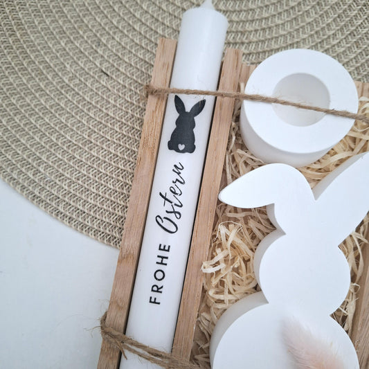 Ostern Geschenkset Ostergeschenk Hase mit Knickohr Kerzenhalter rund Kerzenset Stabkerze Kerzenbox Holzbox Mitbringsel