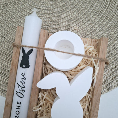 Ostern Geschenkset Ostergeschenk Hase mit Knickohr Kerzenhalter rund Kerzenset Stabkerze Kerzenbox Holzbox Mitbringsel