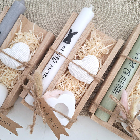Ostern Geschenkset Ostergeschenk Dekoherz Kerzenhalter Herz Kerzenset Stabkerze Kerzenbox Holzbox Mitbringsel