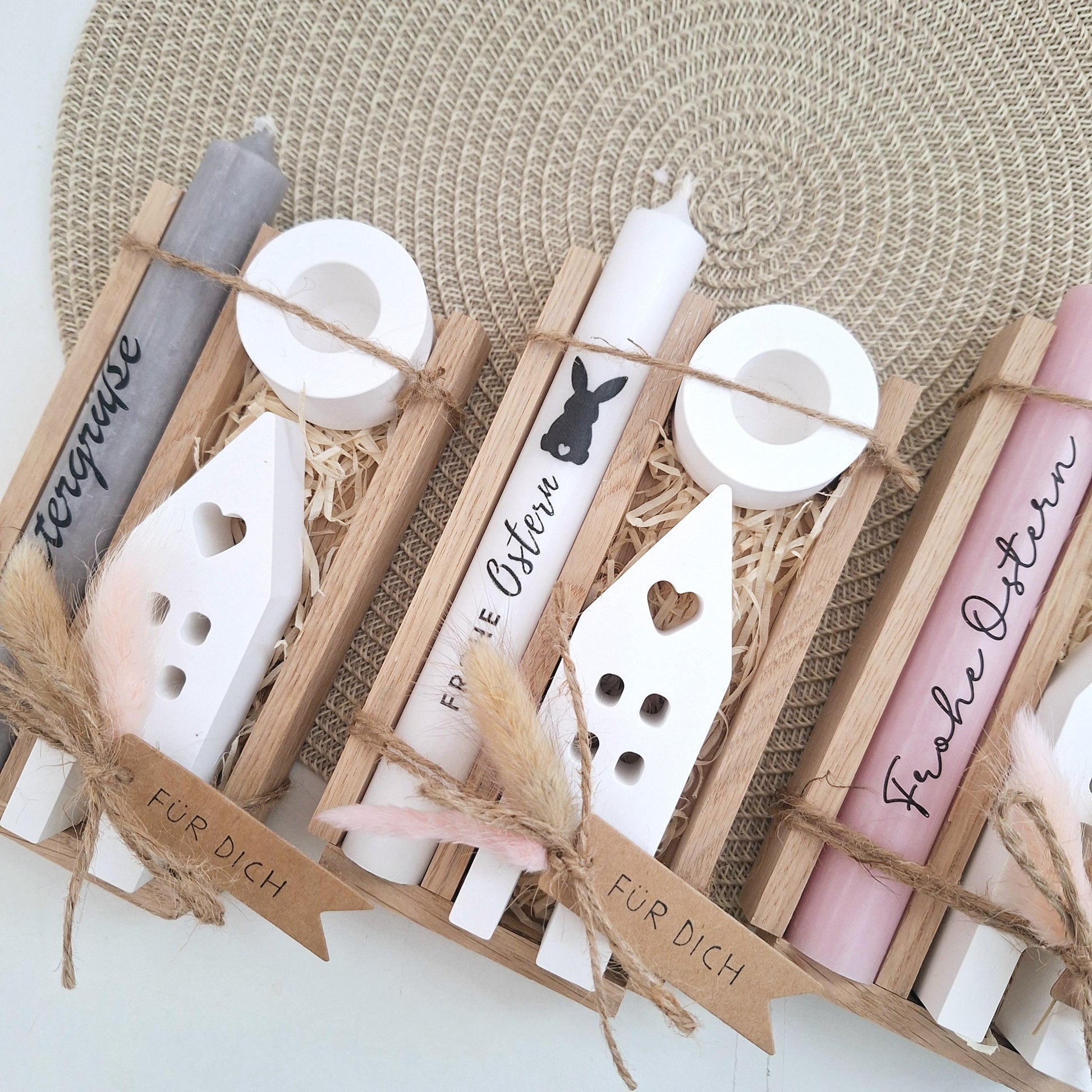 Ostern Geschenkset Ostergeschenk Haus / Lichthaus Kerzenhalter rund Kerzenset Stabkerze Kerzenbox Holzbox Mitbringsel