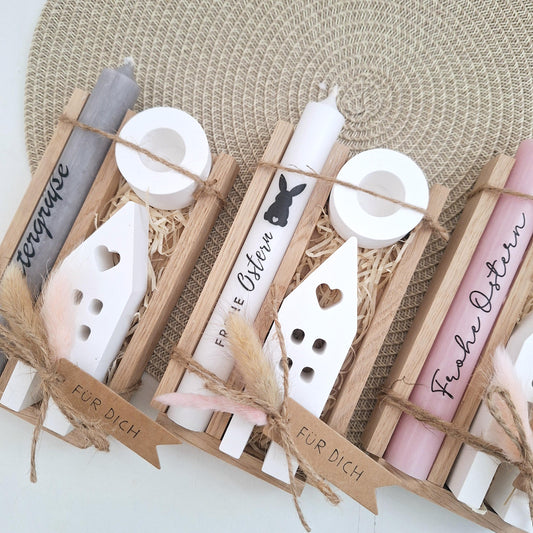 Ostern Geschenkset Ostergeschenk Haus / Lichthaus Kerzenhalter rund Kerzenset Stabkerze Kerzenbox Holzbox Mitbringsel