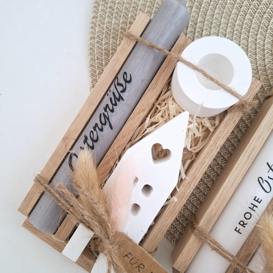 Ostern Geschenkset Ostergeschenk Haus / Lichthaus Kerzenhalter rund Kerzenset Stabkerze Kerzenbox Holzbox Mitbringsel