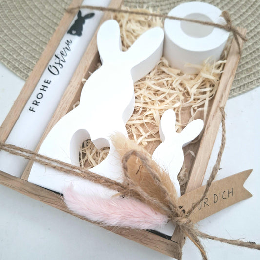 Ostern Geschenkset Ostergeschenk Hase mit Herz groß und klein Kerzenhalter rund Kerzenset Stabkerze Kerzenbox Holzbox Mitbringsel