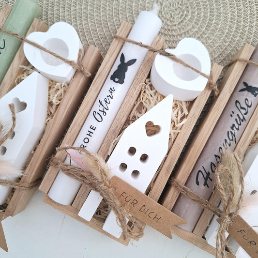 Ostern Geschenkset Ostergeschenk Haus / Lichthaus Kerzenhalter Herz Kerzenset Stabkerze Kerzenbox Holzbox Mitbringsel
