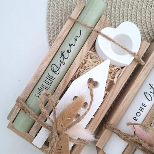 Ostern Geschenkset Ostergeschenk Haus / Lichthaus Kerzenhalter Herz Kerzenset Stabkerze Kerzenbox Holzbox Mitbringsel