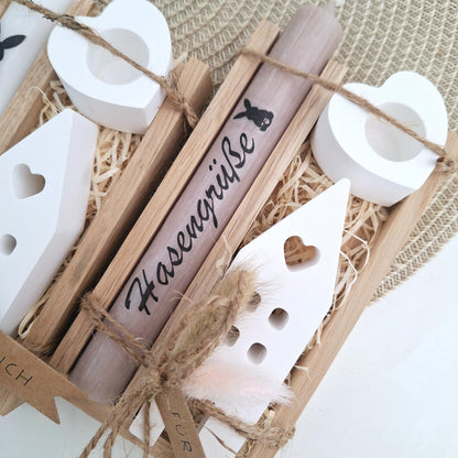 Ostern Geschenkset Ostergeschenk Haus / Lichthaus Kerzenhalter Herz Kerzenset Stabkerze Kerzenbox Holzbox Mitbringsel