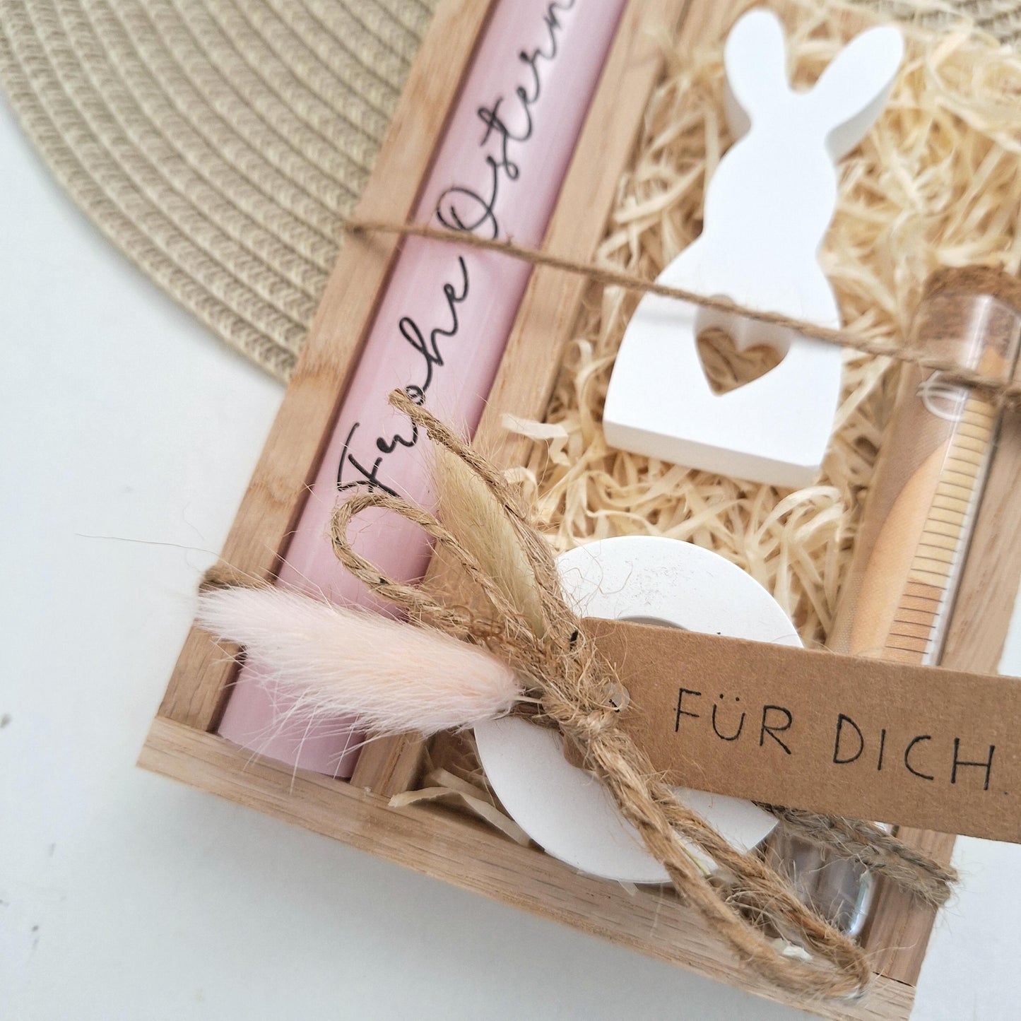 Ostern Geldgeschenk Ostergeschenk Hase mit Herz klein Kerzenhalter rund Geschenkset Gutschein Kerzenset Stabkerze Kerzenbox Mitbringsel