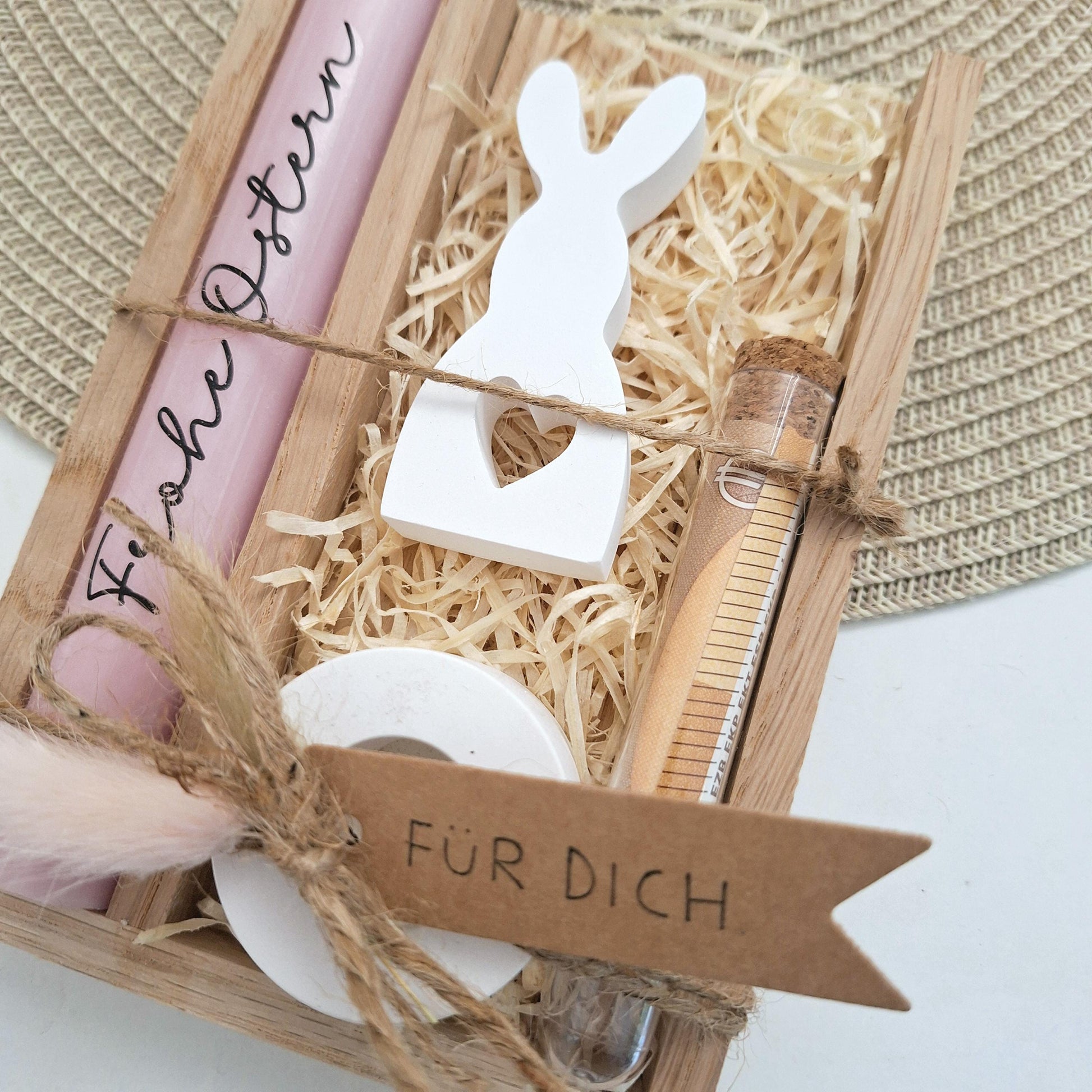 Ostern Geldgeschenk Ostergeschenk Hase mit Herz klein Kerzenhalter rund Geschenkset Gutschein Kerzenset Stabkerze Kerzenbox Mitbringsel