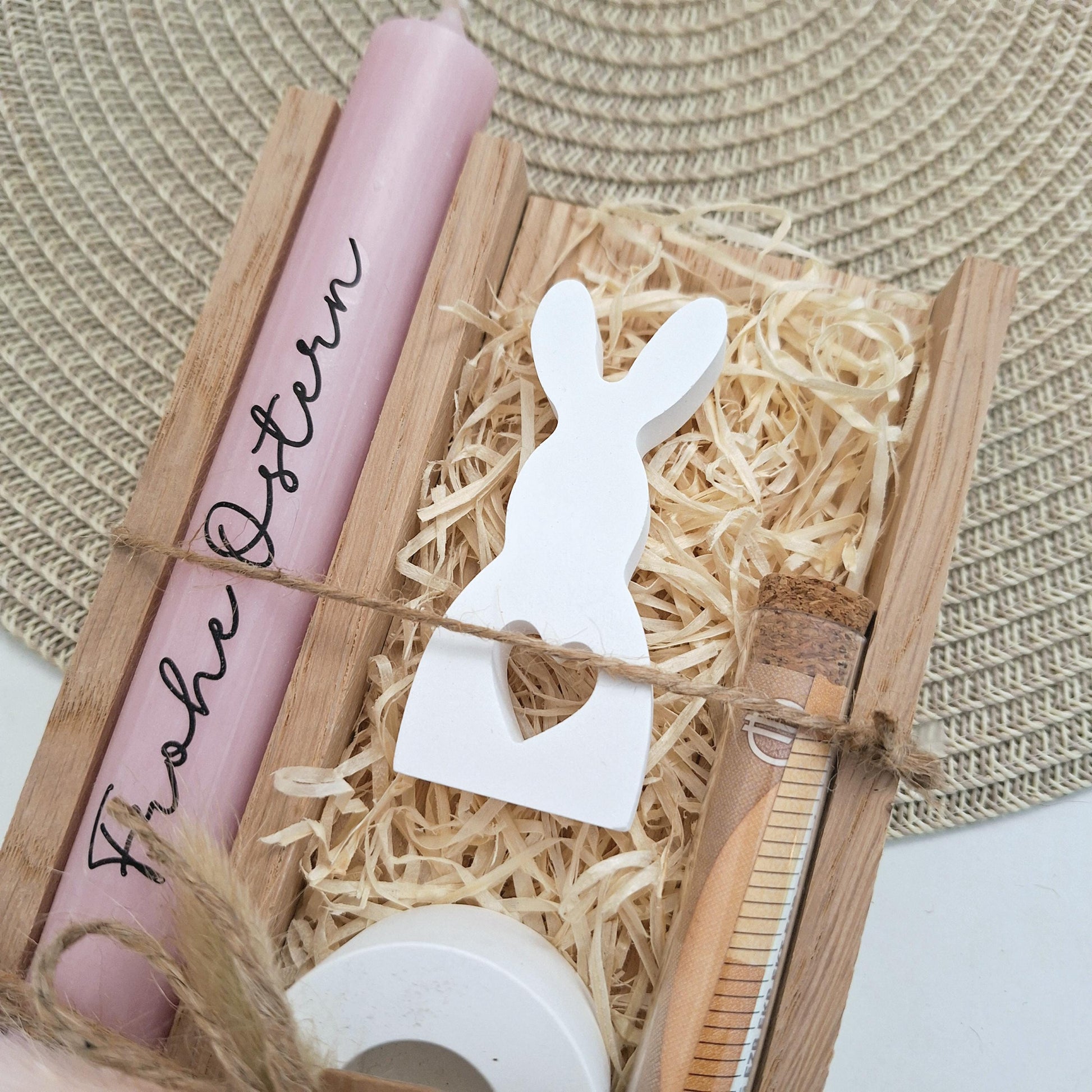 Ostern Geldgeschenk Ostergeschenk Hase mit Herz klein Kerzenhalter rund Geschenkset Gutschein Kerzenset Stabkerze Kerzenbox Mitbringsel