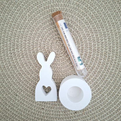 Ostern Geldgeschenk Ostergeschenk Hase mit Herz klein Kerzenhalter rund Geschenkset Gutschein Kerzenset Stabkerze Kerzenbox Mitbringsel