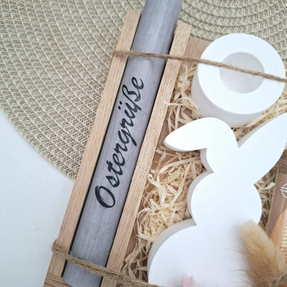 Ostern Geldgeschenk Ostergeschenk Hase mit Knickohr Kerzenhalter rund Geschenkset Gutschein Kerzenset Stabkerze Kerzenbox Mitbringsel