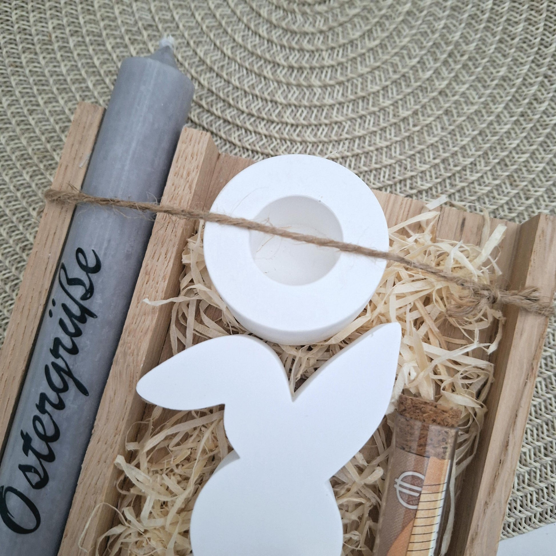 Ostern Geldgeschenk Ostergeschenk Hase mit Knickohr Kerzenhalter rund Geschenkset Gutschein Kerzenset Stabkerze Kerzenbox Mitbringsel
