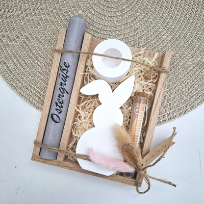 Ostern Geldgeschenk Ostergeschenk Hase mit Knickohr Kerzenhalter rund Geschenkset Gutschein Kerzenset Stabkerze Kerzenbox Mitbringsel