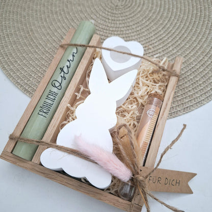 Ostern Geldgeschenk Ostergeschenk Hasen Silhouette Kerzenhalter Herz Geschenkset Gutschein Kerzenset Stabkerze Kerzenbox Mitbringsel