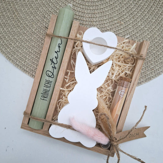 Ostern Geldgeschenk Ostergeschenk Hasen Silhouette Kerzenhalter Herz Geschenkset Gutschein Kerzenset Stabkerze Kerzenbox Mitbringsel