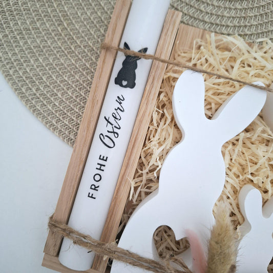 Ostern Geldgeschenk Ostergeschenk Hase mit Herz groß und klein Kerzenhalter rund Geschenkset Gutschein Kerzenset Stabkerze Kerzenbox