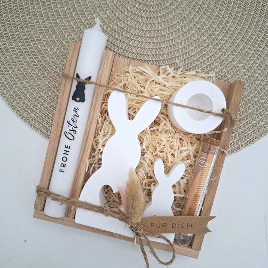 Ostern Geldgeschenk Ostergeschenk Hase mit Herz groß und klein Kerzenhalter rund Geschenkset Gutschein Kerzenset Stabkerze Kerzenbox