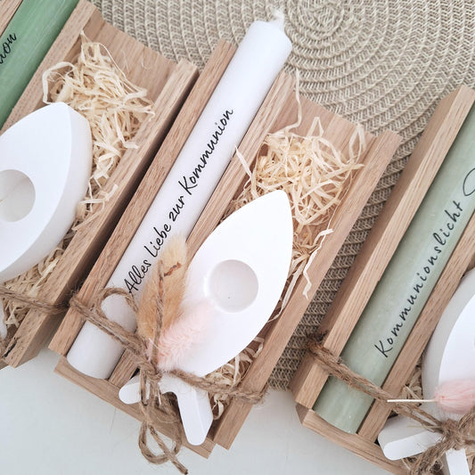 Kommunion Kommunionsgeschenk Geschenkset Kerzenhalter Fisch Geschenkset für Jungen und Mädchen Kommunionskerze Kerzenset Stabkerze