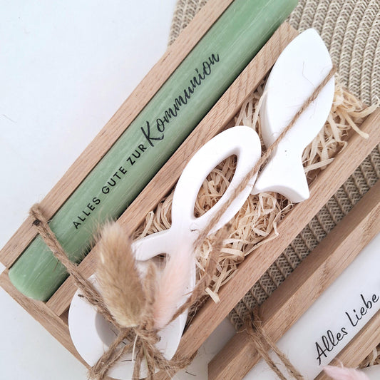 Kommunion Kommunionsgeschenk Geschenkset zwei Fische Kerzenhalter rund Geschenkset für Jungen und Mädchen Kommunionskerze Kerzenset Stabkerze