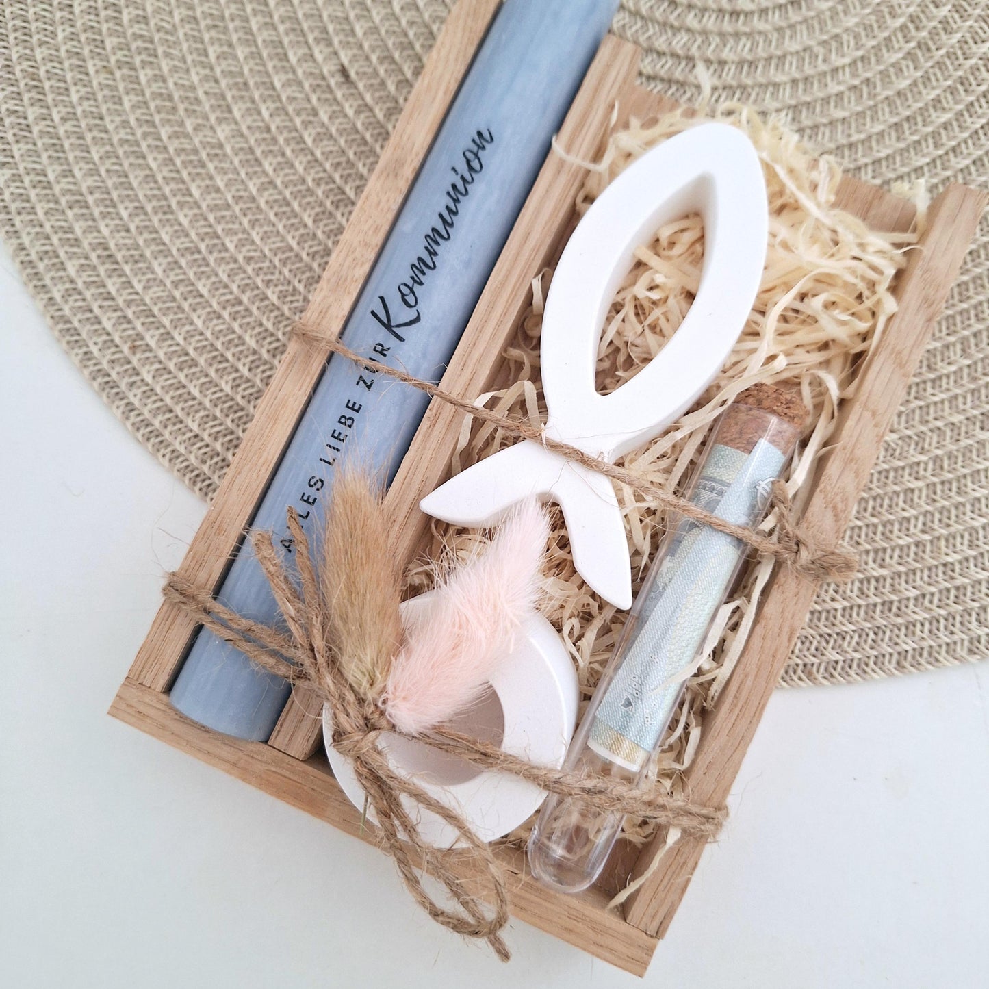 Kommunion Geldgeschenk Kommunionsgeschenk Geschenkset Fisch Var. 1 Kerzenhalter rund Reagenzglas Jungen Mädchen Kommunionskerze Gutschein