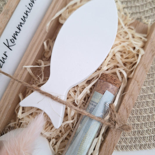 Kommunion Geldgeschenk Kommunionsgeschenk Geschenkset Fisch Var. 2 Kerzenhalter rund Reagenzglas Jungen Mädchen Kommunionskerze Gutschein
