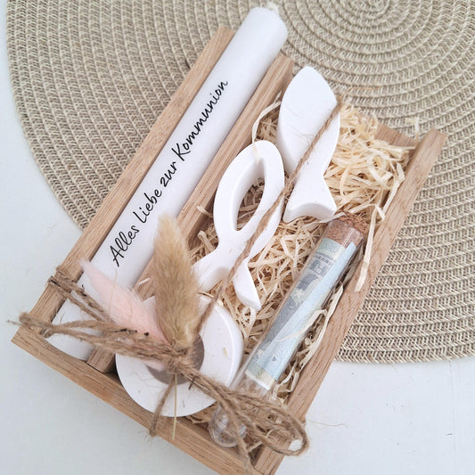 Kommunion Geldgeschenk Kommunionsgeschenk Geschenkset zwei Fische Kerzenhalter rund und Reagenzglas Jungen Mädchen Kommunionskerze Gutschein