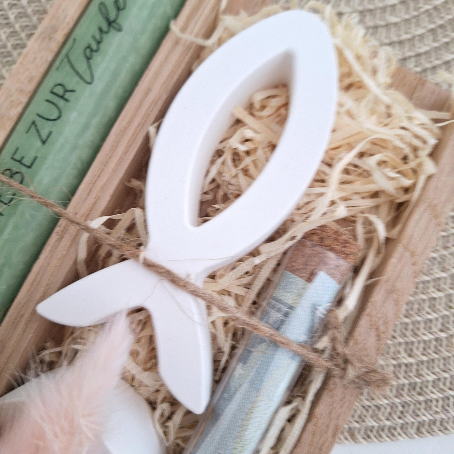 Taufe Geldgeschenk Taufgeschenk Fisch Variante 1 Kerzenhalter rund und Reagenzglas Geschenkset für Mädchen und Jungen zur heiligen Taufe