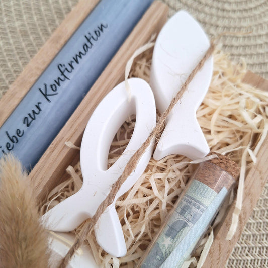 Konfirmation Geldgeschenk Konfirmationsgeschenk Geschenkset zwei Fische Kerzenhalter rund Reagenzglas Jungen Mädchen Konfirmationskerze