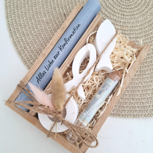 Konfirmation Geldgeschenk Konfirmationsgeschenk Geschenkset zwei Fische Kerzenhalter rund Reagenzglas Jungen Mädchen Konfirmationskerze