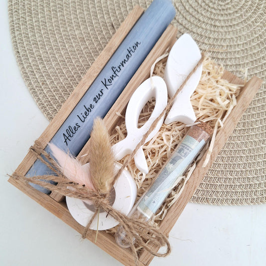 Konfirmation Geldgeschenk Konfirmationsgeschenk Geschenkset zwei Fische Kerzenhalter rund Reagenzglas Jungen Mädchen Konfirmationskerze