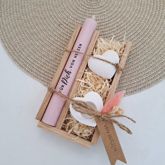 Muttertag Muttertagsgeschenk Dekoherz Kerzenhalter Herz Kerzenset für Mama Geschenkset Stabkerze Kerzenbox Holzbox Mitbringsel