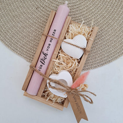 Muttertag Muttertagsgeschenk Dekoherz Kerzenhalter Herz Kerzenset für Mama Geschenkset Stabkerze Kerzenbox Holzbox Mitbringsel