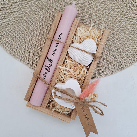 Muttertag Muttertagsgeschenk Dekoherz Kerzenhalter Herz Kerzenset für Mama Geschenkset Stabkerze Kerzenbox Holzbox Mitbringsel