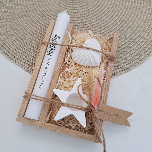 Muttertag Muttertagsgeschenk Dekoherz Kerzenhalter Stern Kerzenset für Mama Geschenkset Stabkerze Kerzenbox Holzbox Mitbringsel