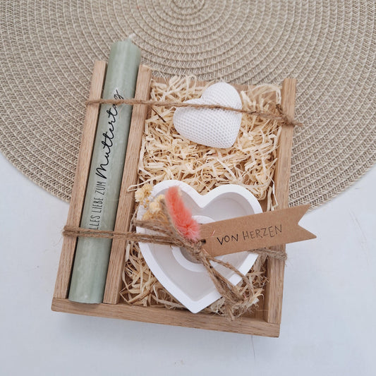 Muttertag Muttertagsgeschenk Dekoherz Kerzenteller Herz Kerzenset für Mama Geschenkset Stabkerze Kerzenbox Holzbox Mitbringsel