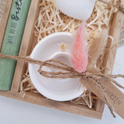 Muttertag Muttertagsgeschenk Dekoherz Kerzenteller rund Kerzenset für Mama Geschenkset Stabkerze Kerzenbox Holzbox Mitbringsel