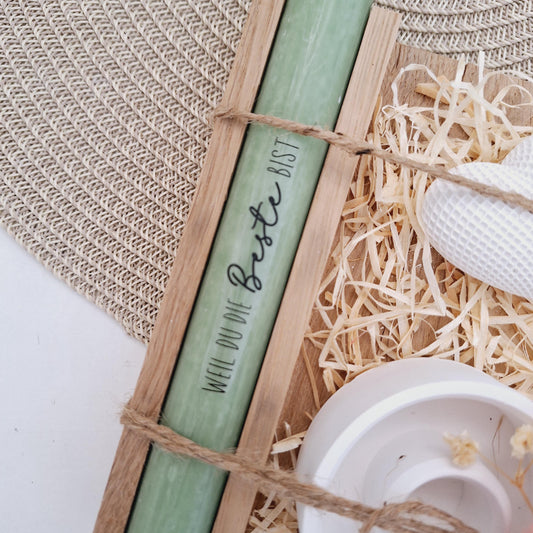 Muttertag Muttertagsgeschenk Dekoherz Kerzenteller rund Kerzenset für Mama Geschenkset Stabkerze Kerzenbox Holzbox Mitbringsel