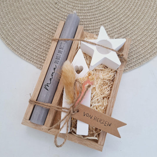 Muttertag Muttertagsgeschenk Haus / Lichthaus Kerzenhalter Stern Kerzenset für Mama Geschenkset Stabkerze Kerzenbox Holzbox Mitbringsel