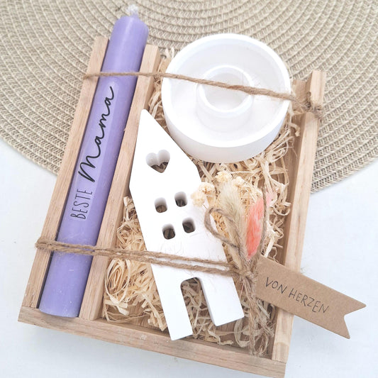 Muttertag Muttertagsgeschenk Haus / Lichthaus Kerzenteller rund Kerzenset für Mama Geschenkset Stabkerze Kerzenbox Holzbox Mitbringsel