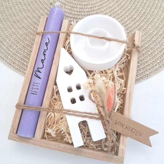 Muttertag Muttertagsgeschenk Haus / Lichthaus Kerzenteller rund Kerzenset für Mama Geschenkset Stabkerze Kerzenbox Holzbox Mitbringsel