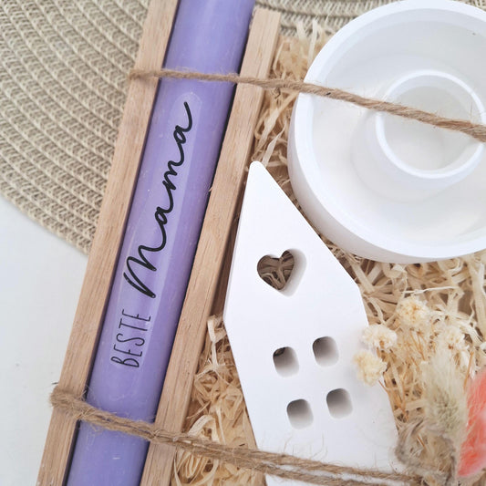 Muttertag Muttertagsgeschenk Haus / Lichthaus Kerzenteller rund Kerzenset für Mama Geschenkset Stabkerze Kerzenbox Holzbox Mitbringsel
