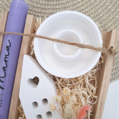 Muttertag Muttertagsgeschenk Haus / Lichthaus Kerzenteller rund Kerzenset für Mama Geschenkset Stabkerze Kerzenbox Holzbox Mitbringsel