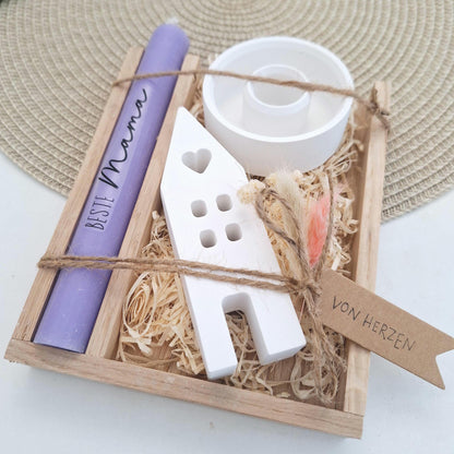 Muttertag Muttertagsgeschenk Haus / Lichthaus Kerzenteller rund Kerzenset für Mama Geschenkset Stabkerze Kerzenbox Holzbox Mitbringsel