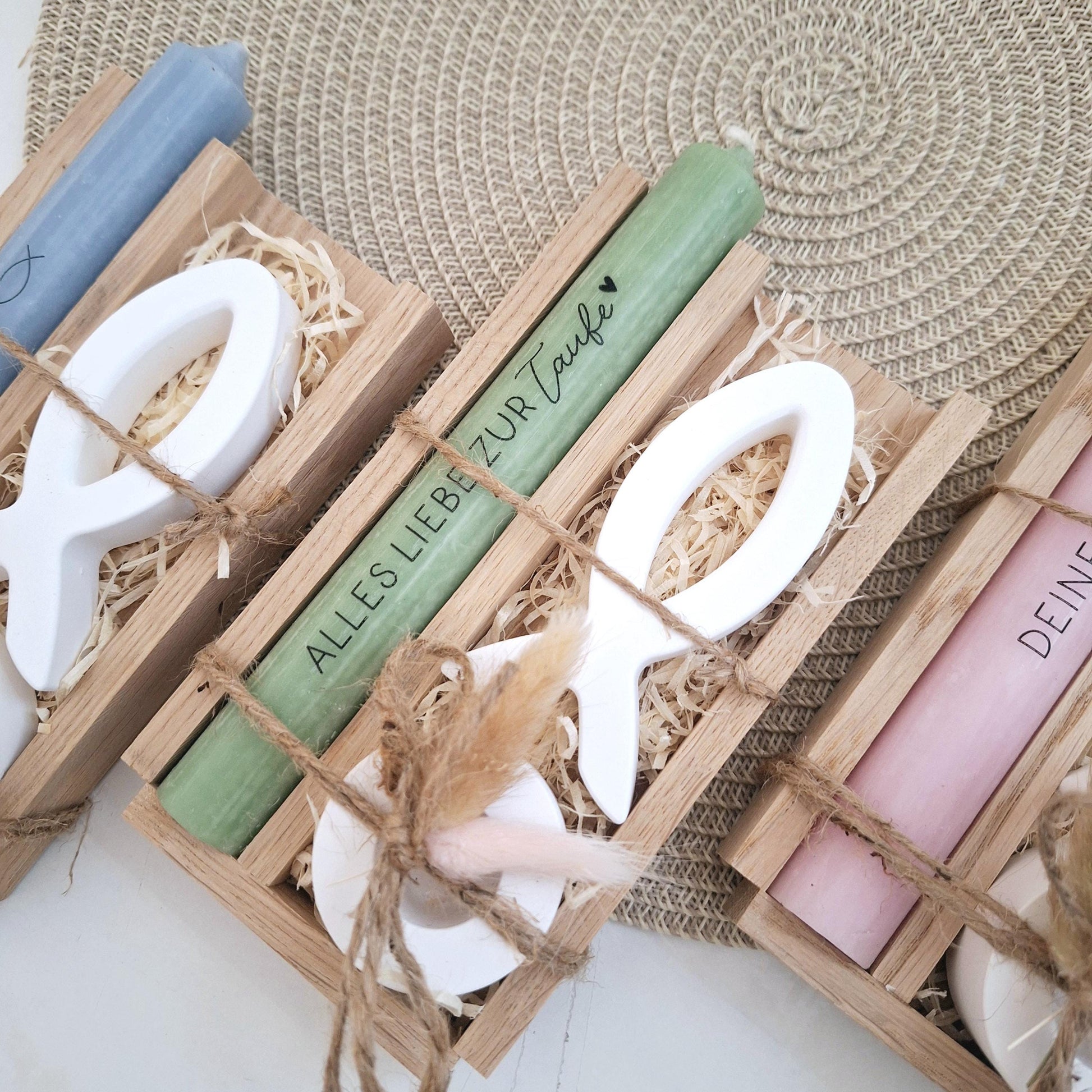 Taufe Taufgeschenk Fisch Variante 1 und Kerzenhalter rund Geschenkset für Mädchen und Jungen zur heiligen Taufe