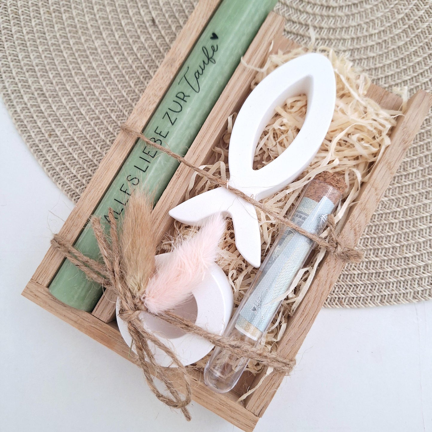 Taufe Geldgeschenk Taufgeschenk Fisch Variante 1 Kerzenhalter rund und Reagenzglas Geschenkset für Mädchen und Jungen zur heiligen Taufe