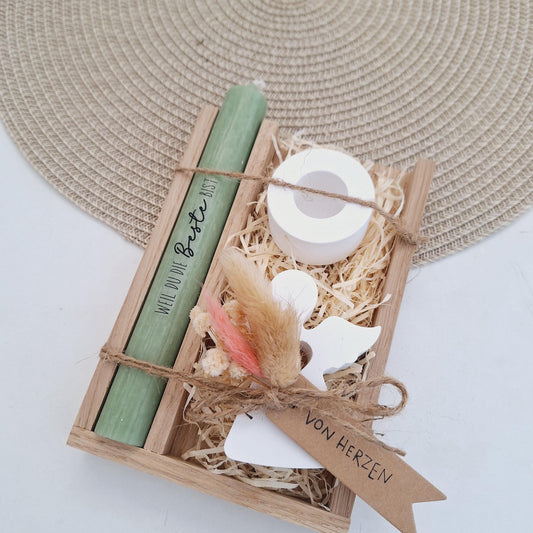 Muttertag Muttertagsgeschenk Engel mit Herz Kerzenhalter rund Kerzenset für Mama Geschenkset Stabkerze Kerzenbox Holzbox Mitbringsel