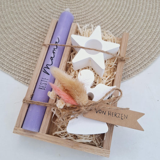 Muttertag Muttertagsgeschenk Engel mit Herz Kerzenhalter Stern Kerzenset für Mama Geschenkset Stabkerze Kerzenbox Holzbox Mitbringsel
