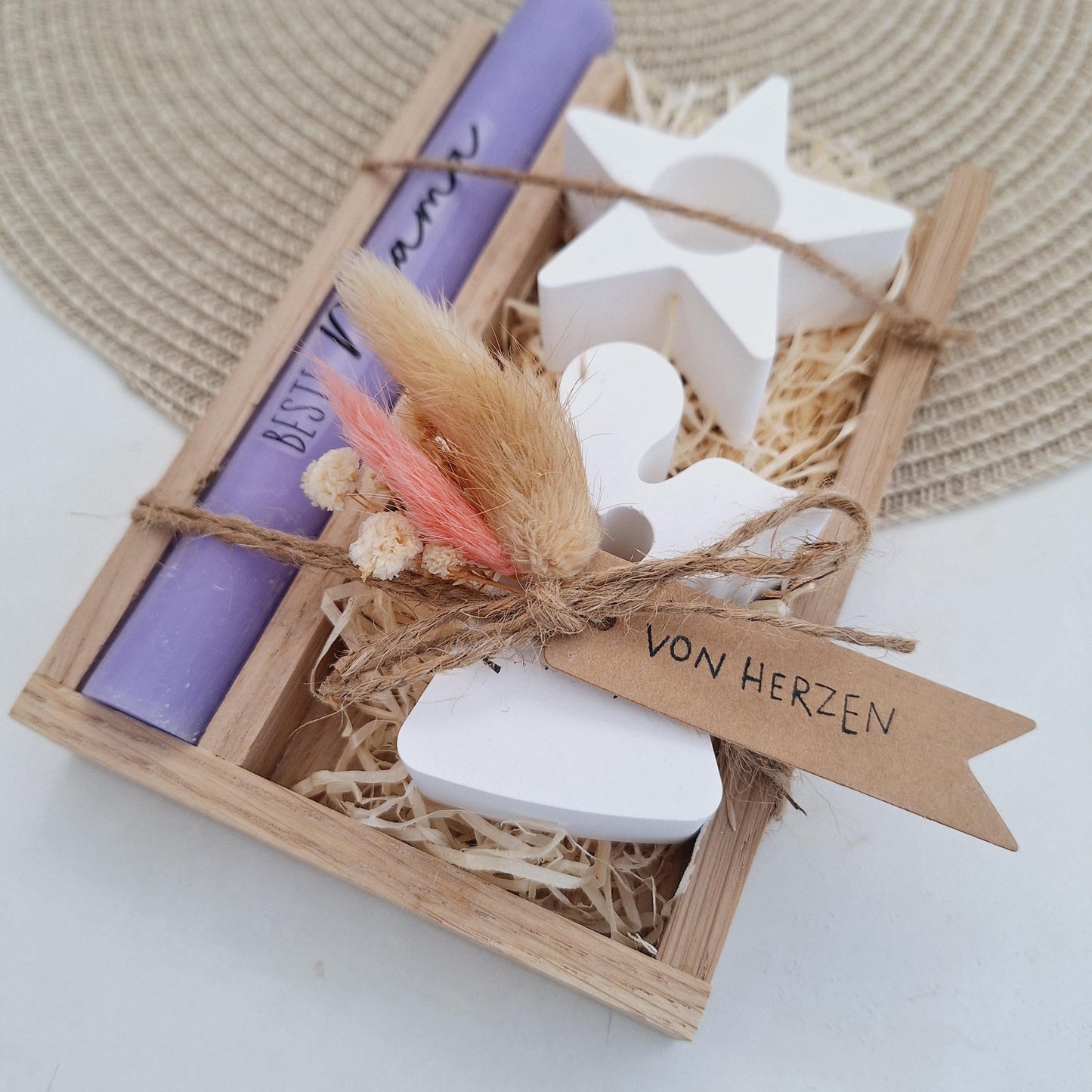 Muttertag Muttertagsgeschenk Engel mit Herz Kerzenhalter Stern Kerzenset für Mama Geschenkset Stabkerze Kerzenbox Holzbox Mitbringsel