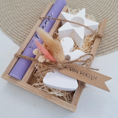 Muttertag Muttertagsgeschenk Engel mit Herz Kerzenhalter Stern Kerzenset für Mama Geschenkset Stabkerze Kerzenbox Holzbox Mitbringsel