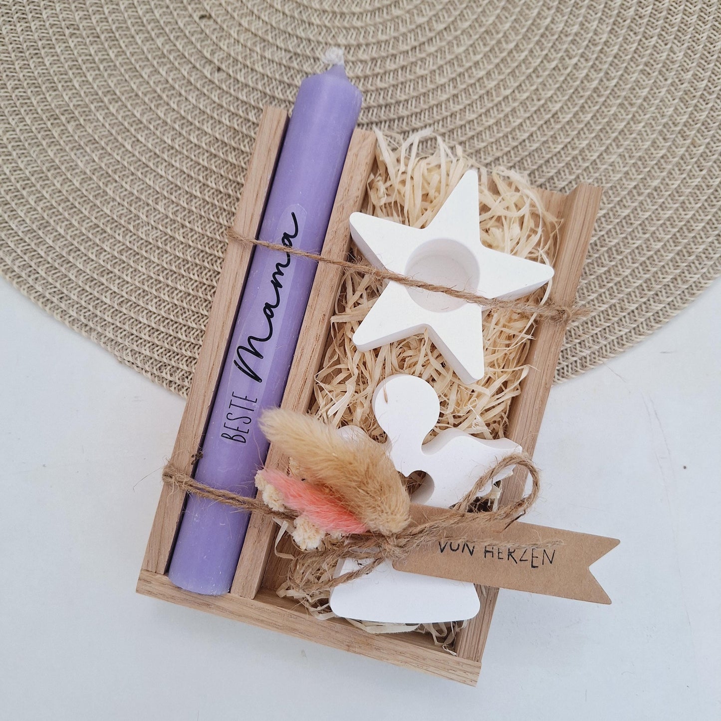 Muttertag Muttertagsgeschenk Engel mit Herz Kerzenhalter Stern Kerzenset für Mama Geschenkset Stabkerze Kerzenbox Holzbox Mitbringsel